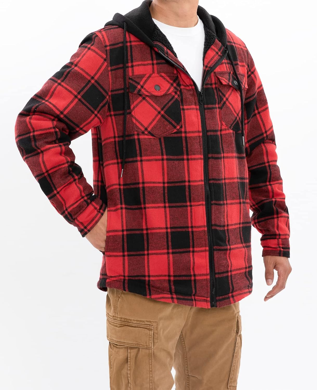 Men's Sherpa Lined Full Zip Hooded Plaid Shirt Jacket