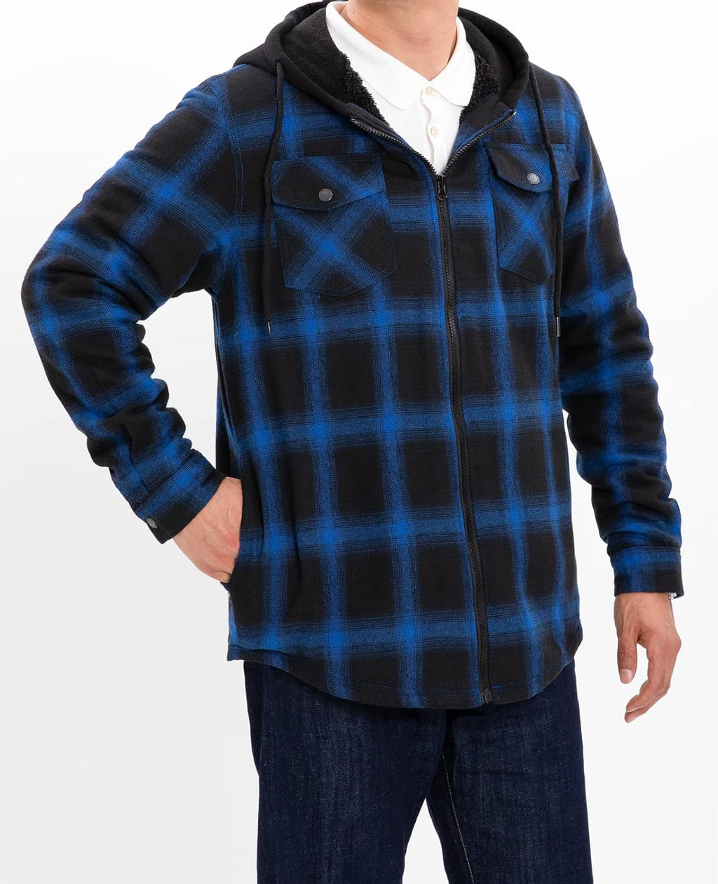 Men's Sherpa Lined Full Zip Hooded Plaid Shirt Jacket