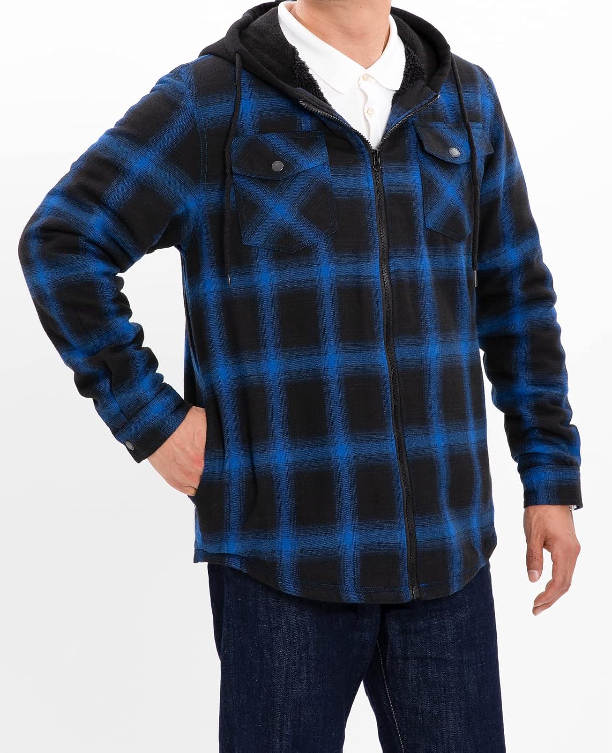 Men's Sherpa Lined Full Zip Hooded Plaid Shirt Jacket
