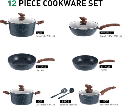 12 Piece Green Granite Nonstick Pots and Pans Set Induction Compatible Cookware