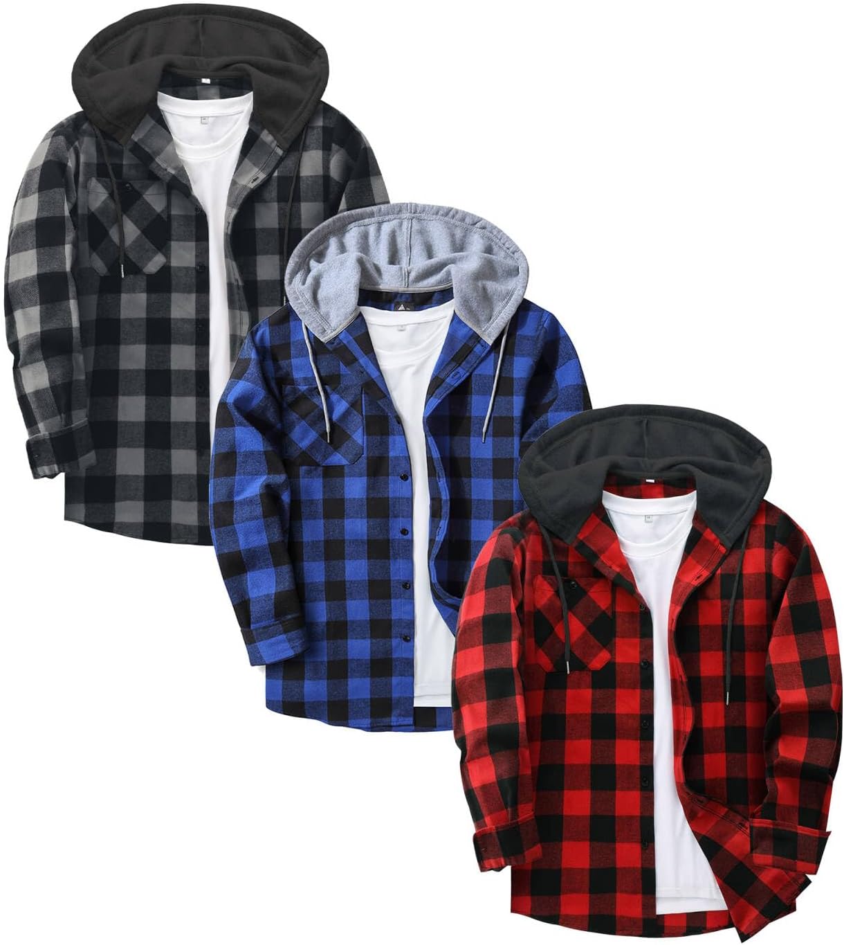 3 Pack Men's Flannel Hoodie Shirts Long Sleeve