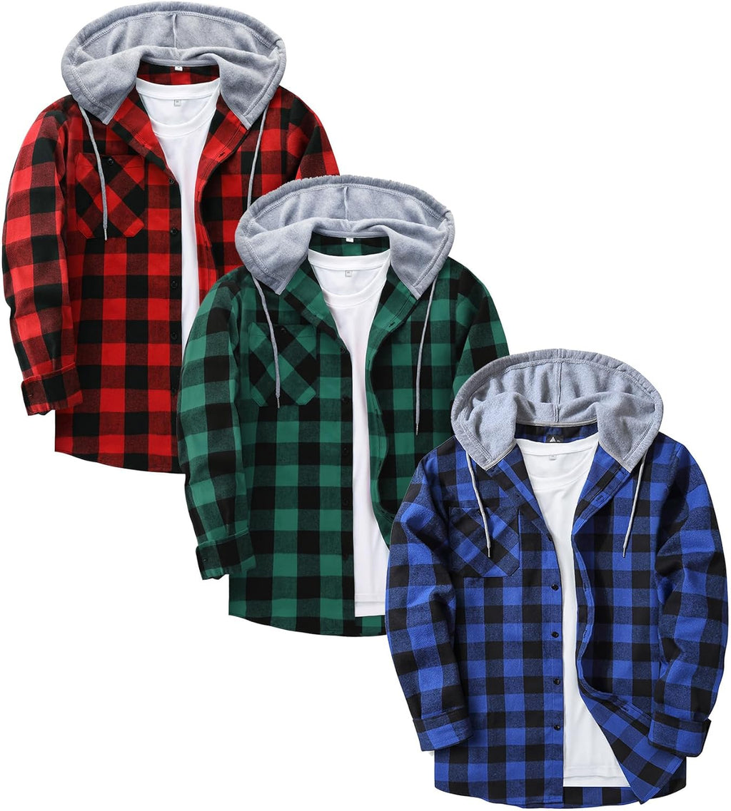 3 Pack Men's Flannel Hoodie Shirts Long Sleeve