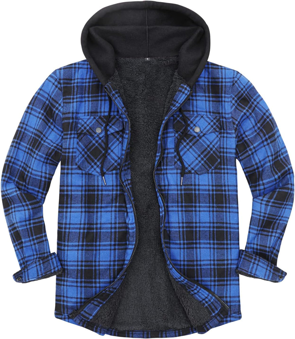 Men's Sherpa Lined Full Zip Hooded Plaid Shirt Jacket