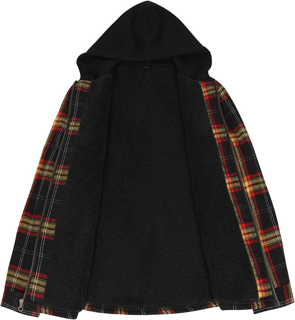 Men's Sherpa Lined Full Zip Hooded Plaid Shirt Jacket