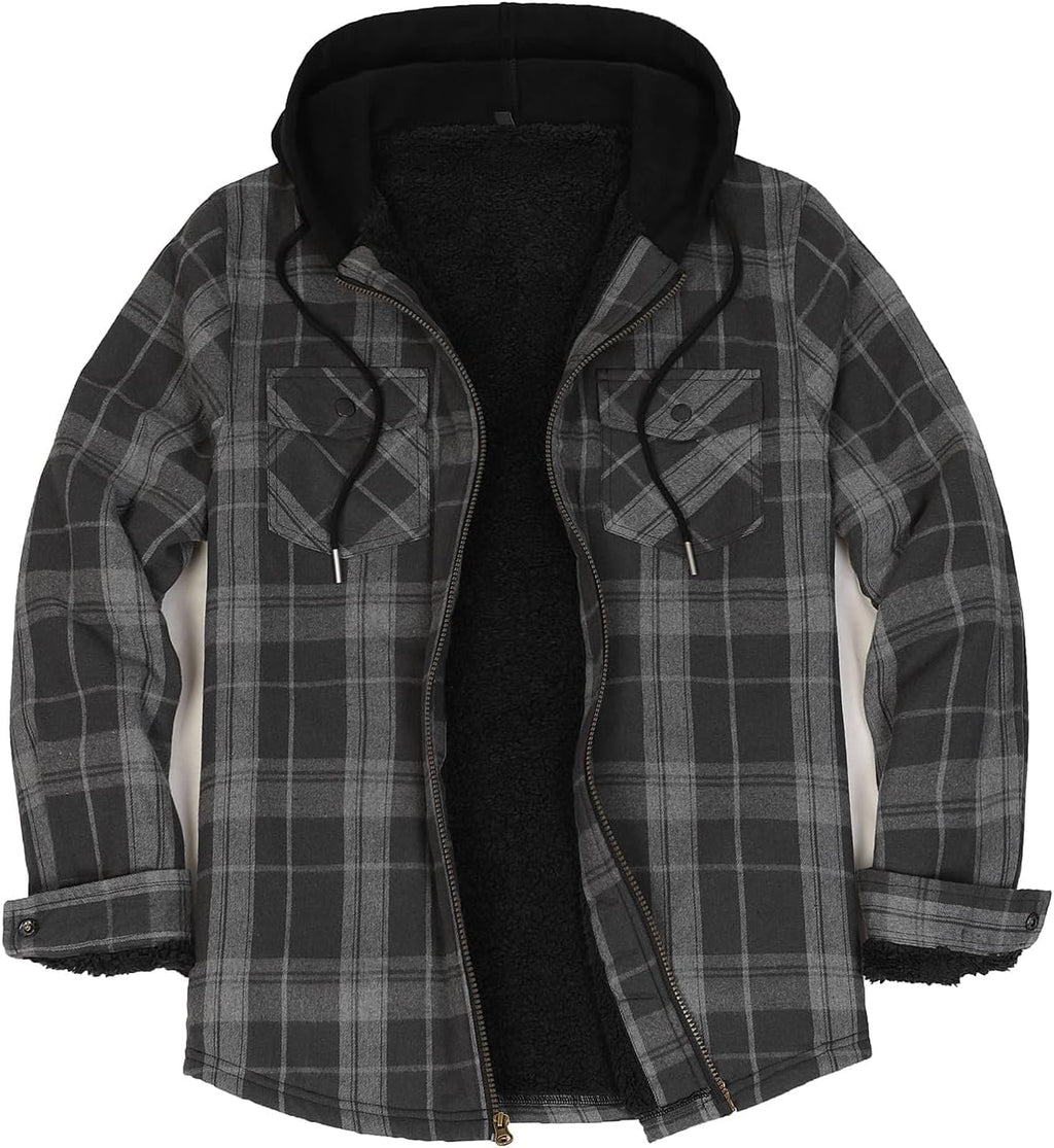 Men's Sherpa Lined Full Zip Hooded Plaid Shirt Jacket
