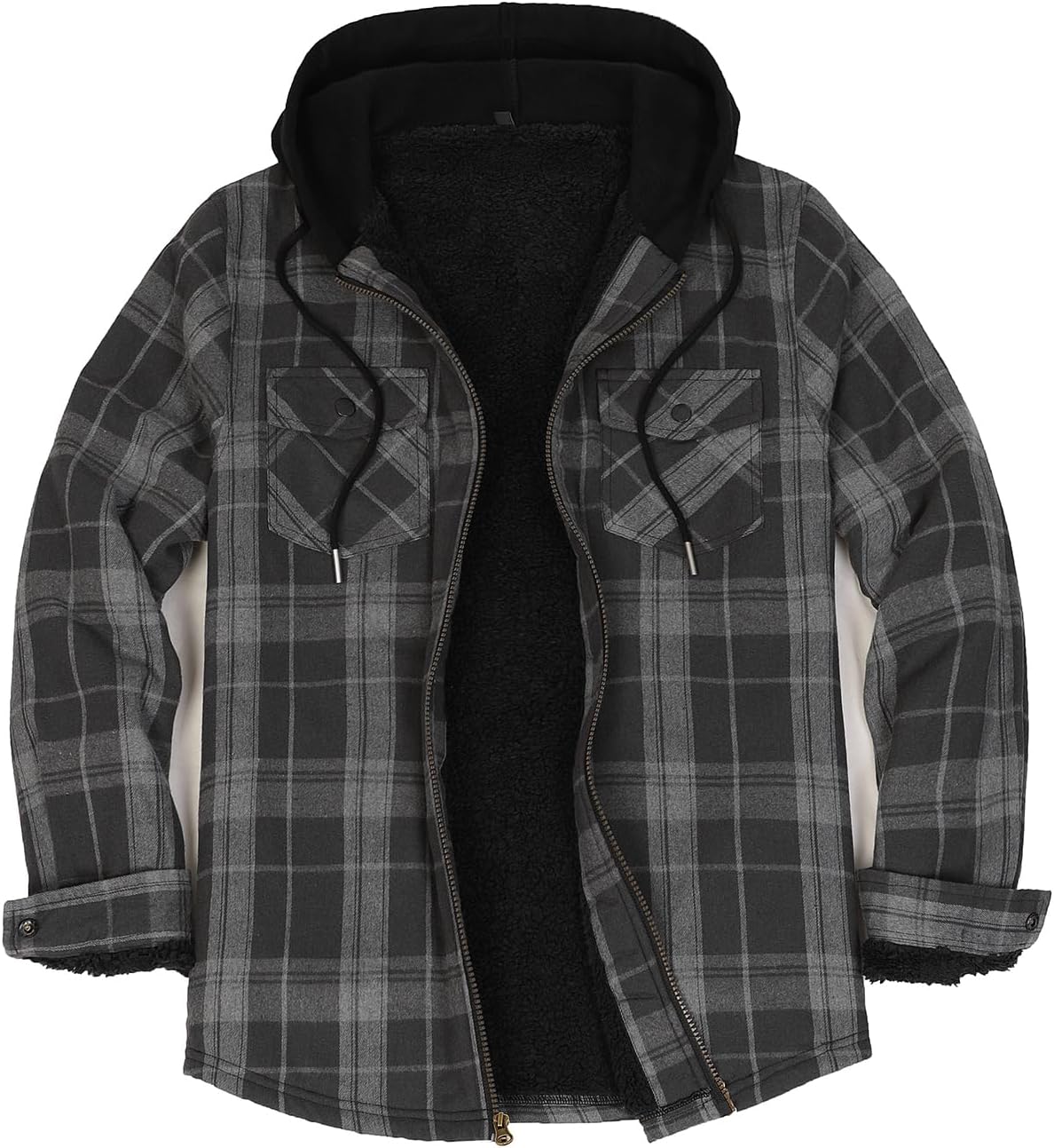 Men's Sherpa Lined Full Zip Hooded Plaid Shirt Jacket