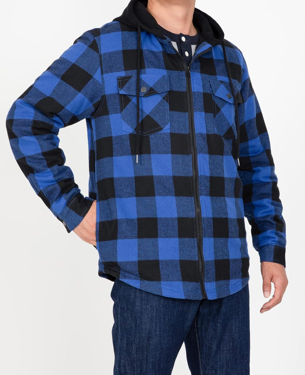 Men's Sherpa Lined Full Zip Hooded Plaid Shirt Jacket
