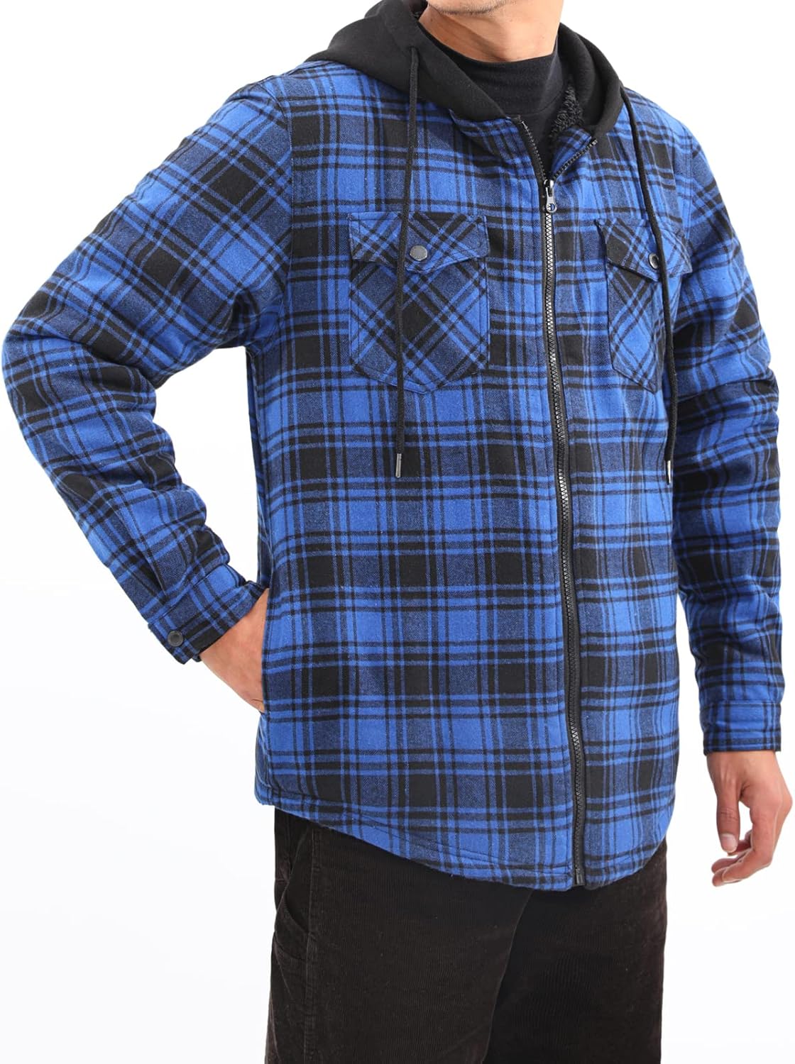 Men's Sherpa Lined Full Zip Hooded Plaid Shirt Jacket