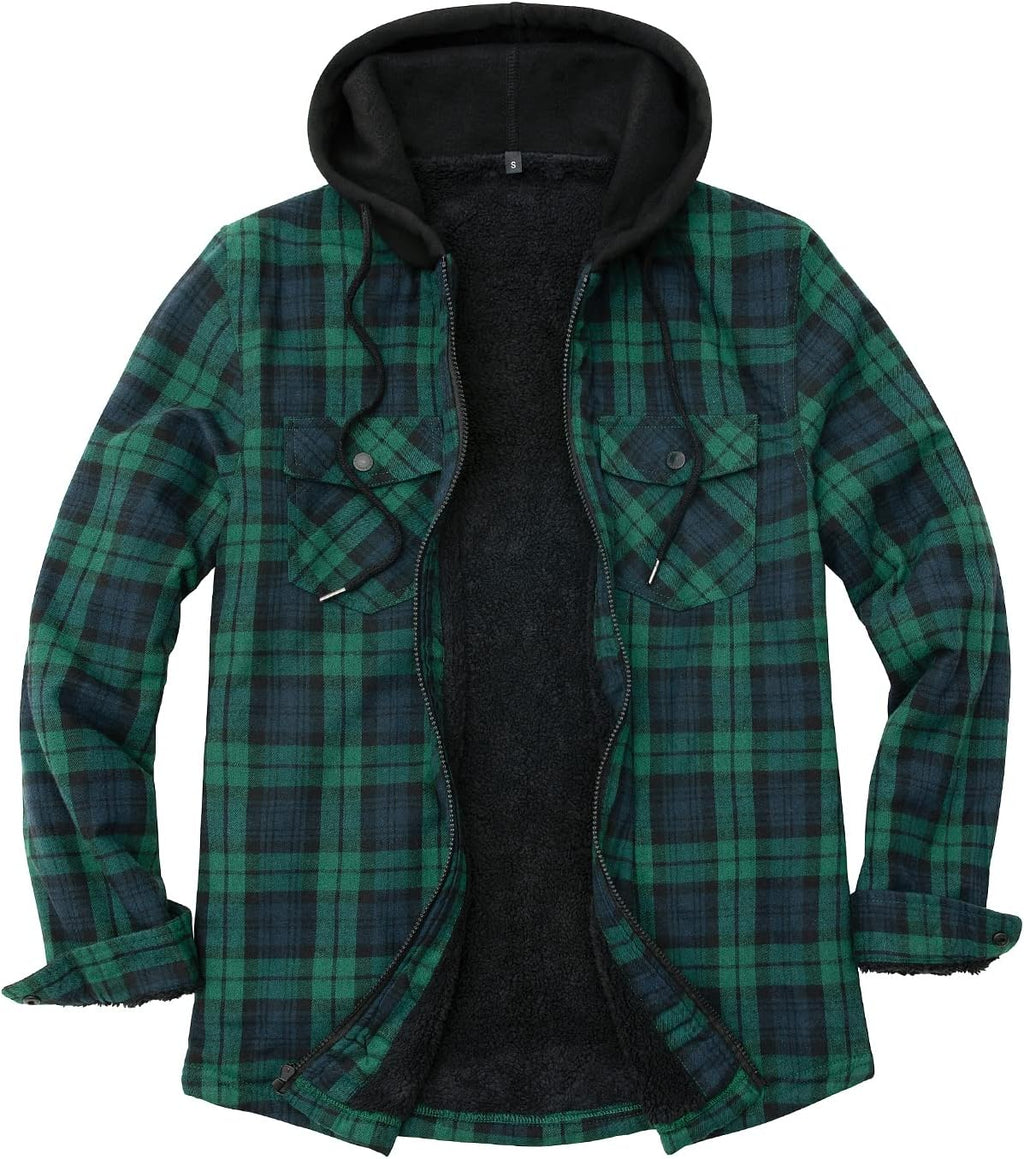 Men's Sherpa Lined Full Zip Hooded Plaid Shirt Jacket
