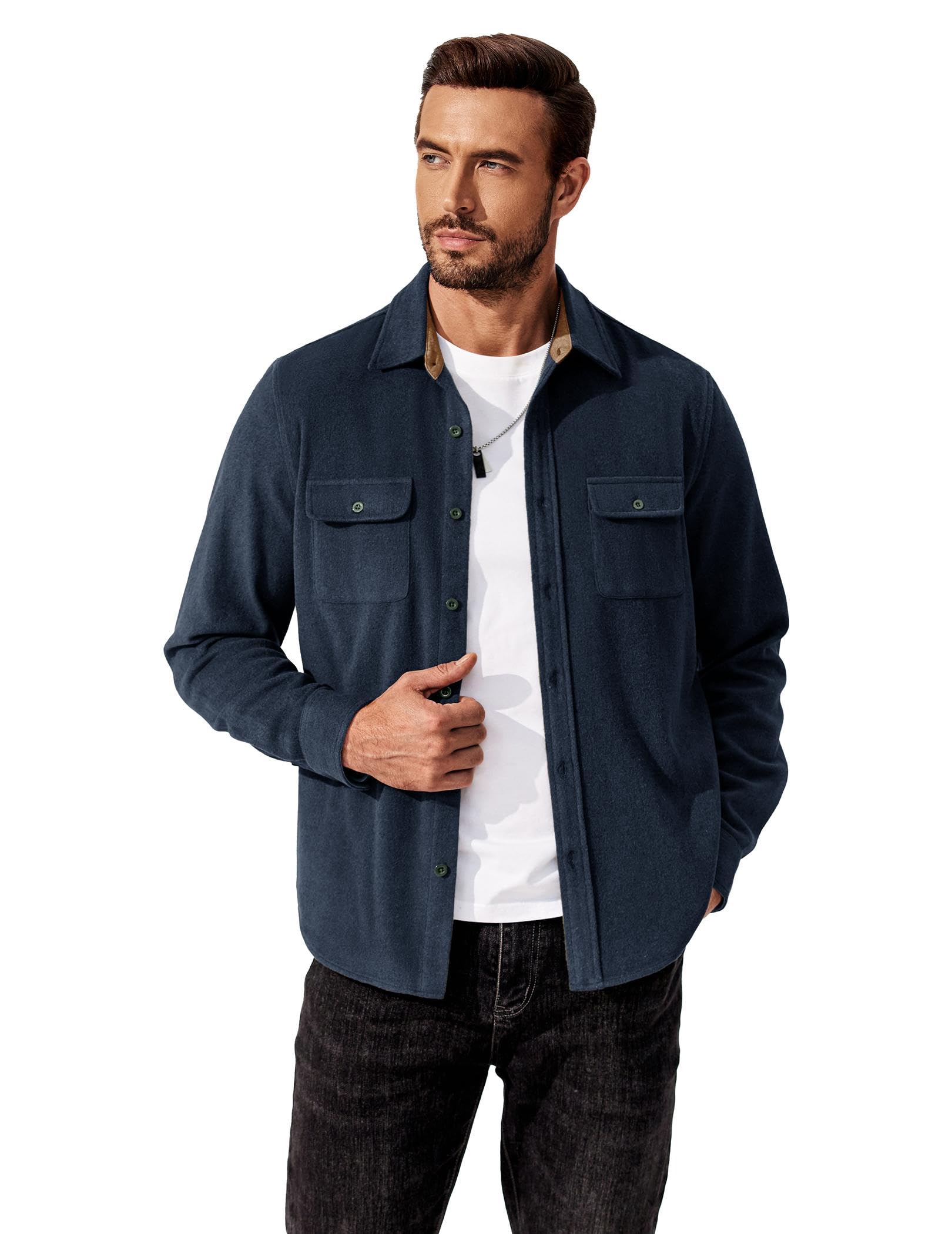 Mens Flannel Cotton Shirt Long Sleeve Plaid Button Down With Pockets