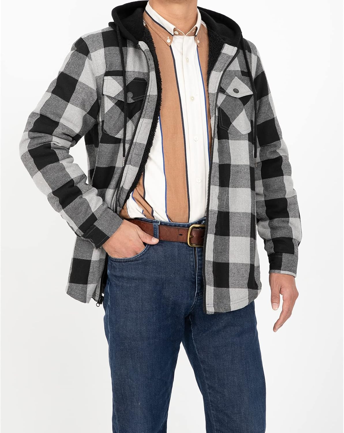 Men's Sherpa Lined Full Zip Hooded Plaid Shirt Jacket