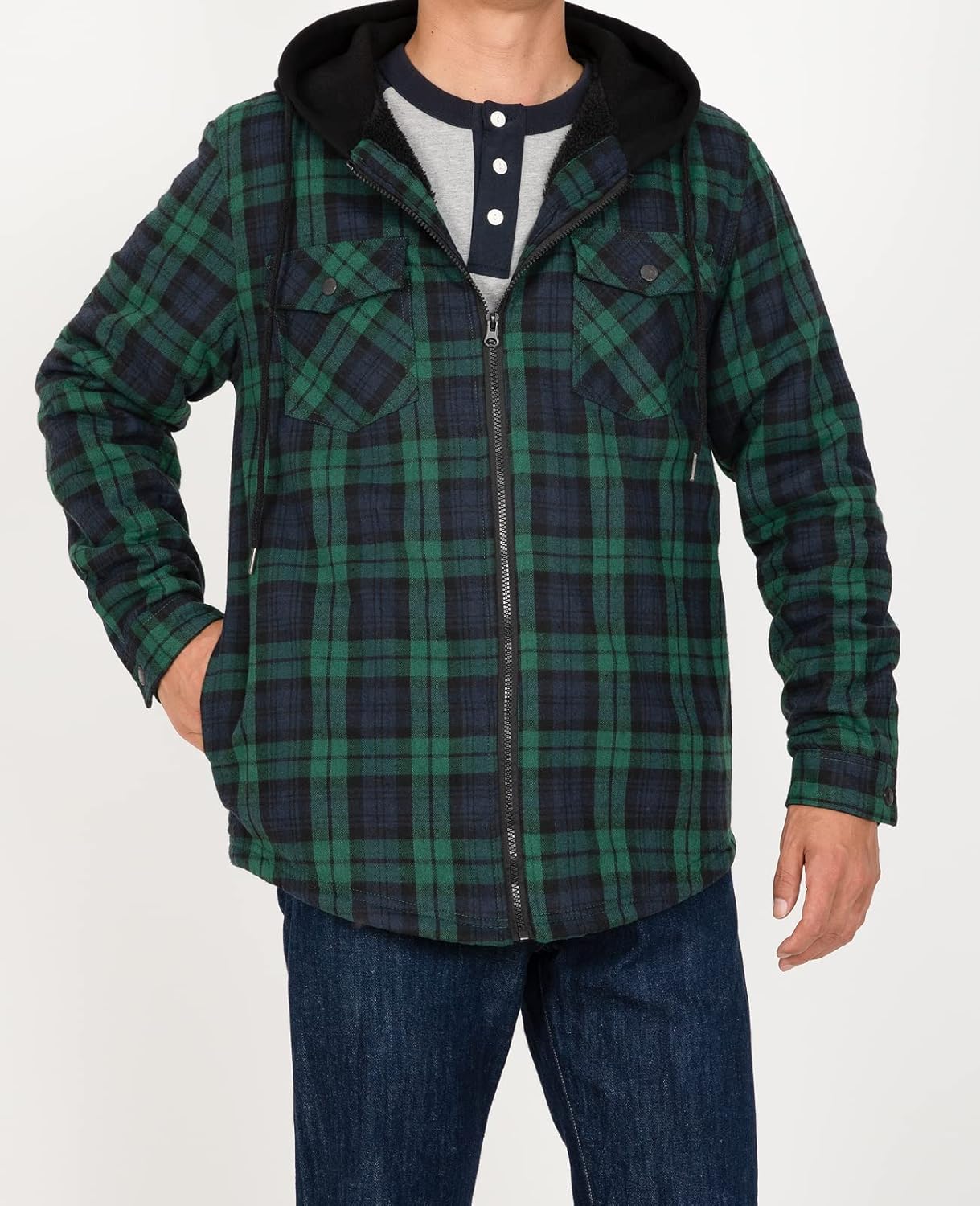 Men's Sherpa Lined Full Zip Hooded Plaid Shirt Jacket