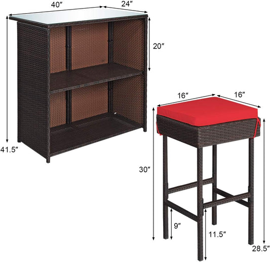 3 Piece Outdoor Rattan Bar Set with Glass Table Stools and Removable Cushions