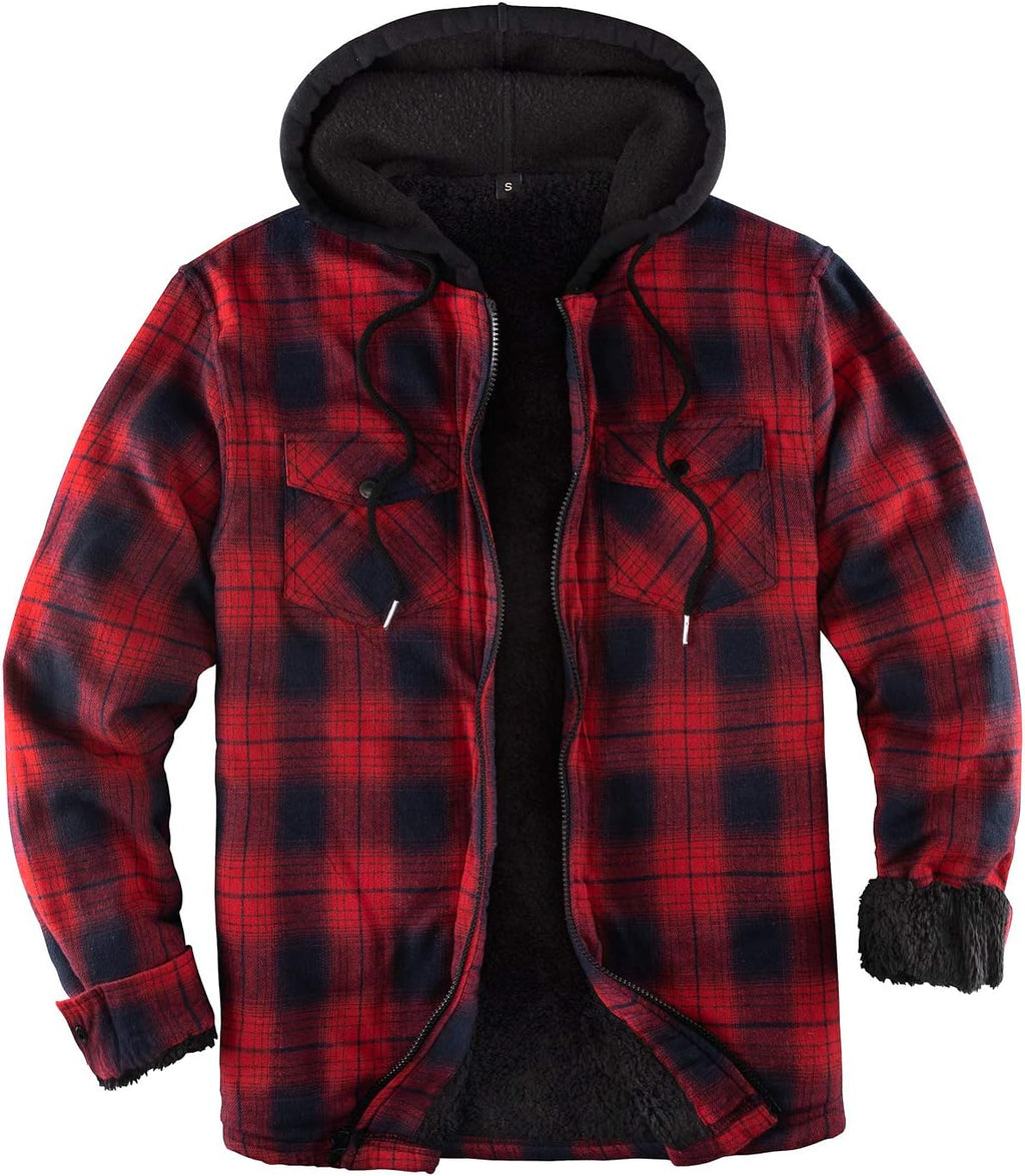 Men's Sherpa Lined Full Zip Hooded Plaid Shirt Jacket