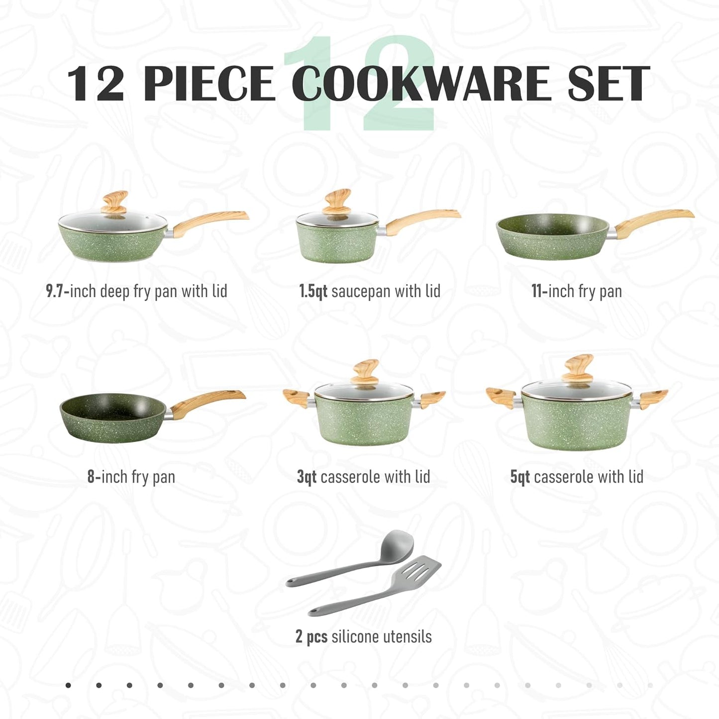 12 Piece Green Granite Nonstick Pots and Pans Set Induction Compatible Cookware