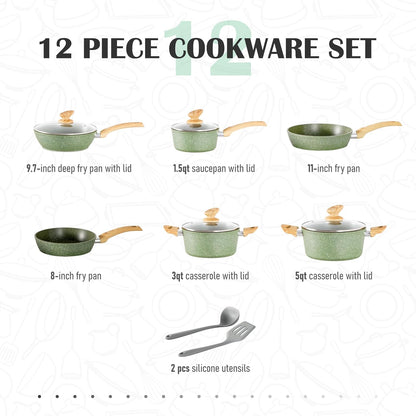 12 Piece Green Granite Nonstick Pots and Pans Set Induction Compatible Cookware