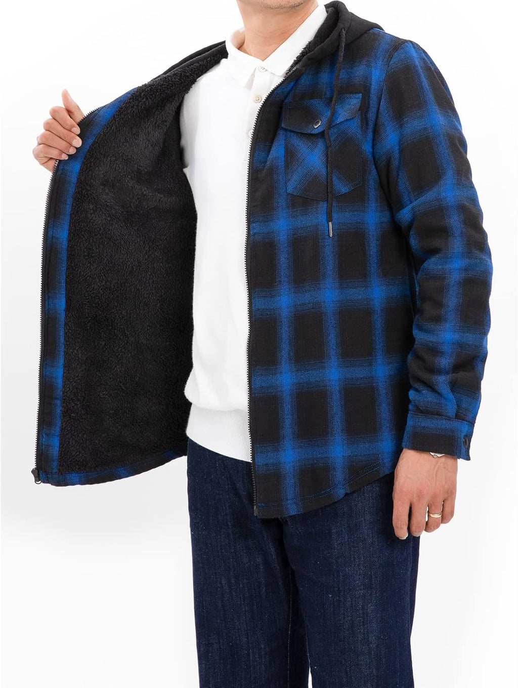 Men's Sherpa Lined Full Zip Hooded Plaid Shirt Jacket