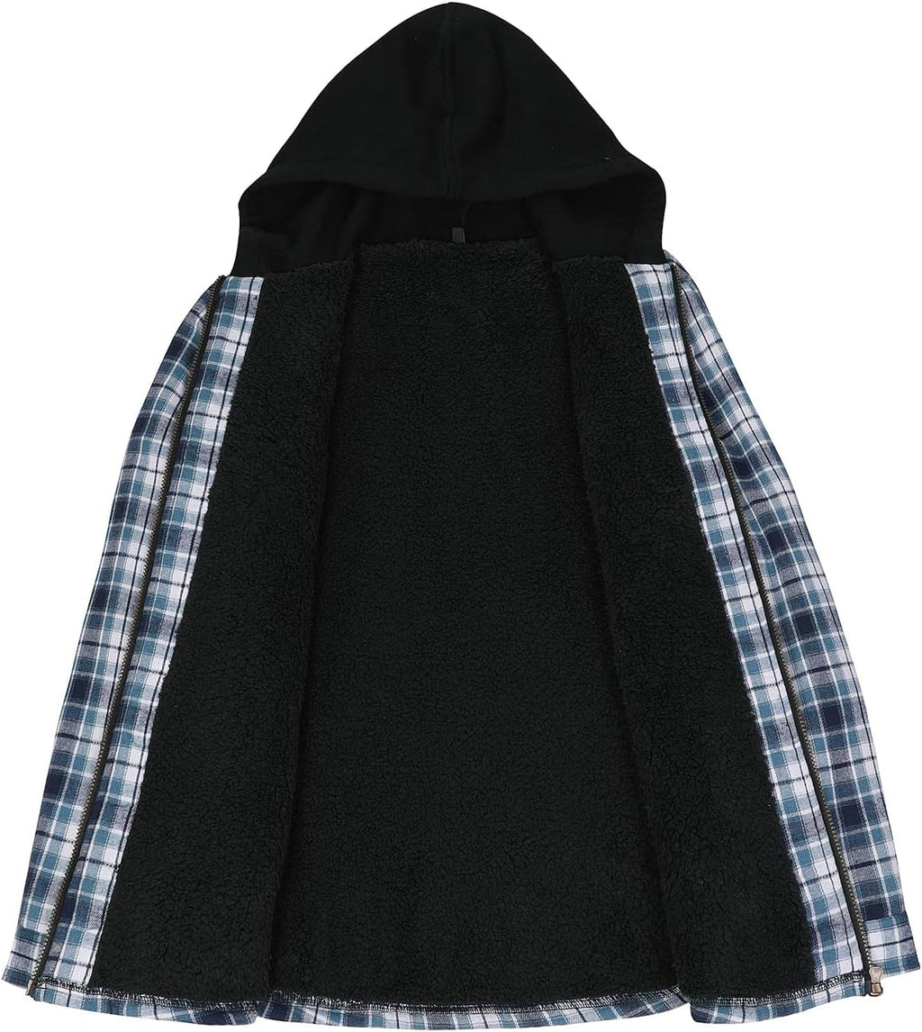 Men's Sherpa Lined Full Zip Hooded Plaid Shirt Jacket
