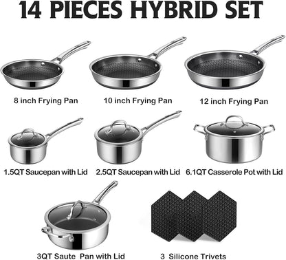14 Piece Non Stick Pots and Pans Set Stainless Steel Cookware PFOA Free Induction