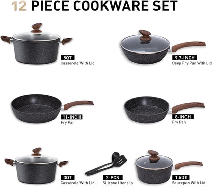 12 Piece Green Granite Nonstick Pots and Pans Set Induction Compatible Cookware