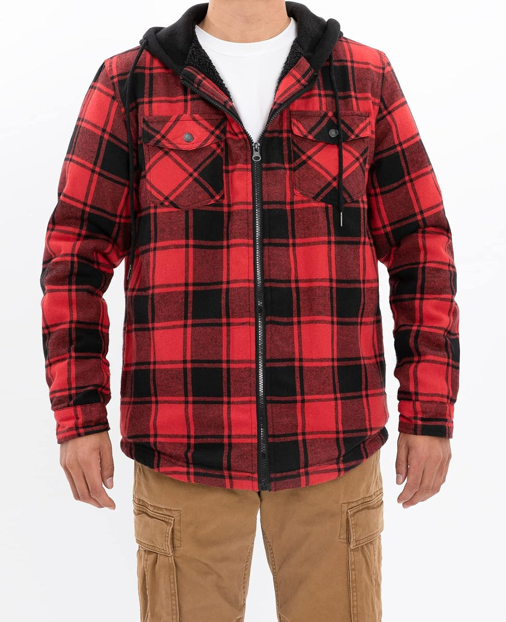 Men's Sherpa Lined Full Zip Hooded Plaid Shirt Jacket