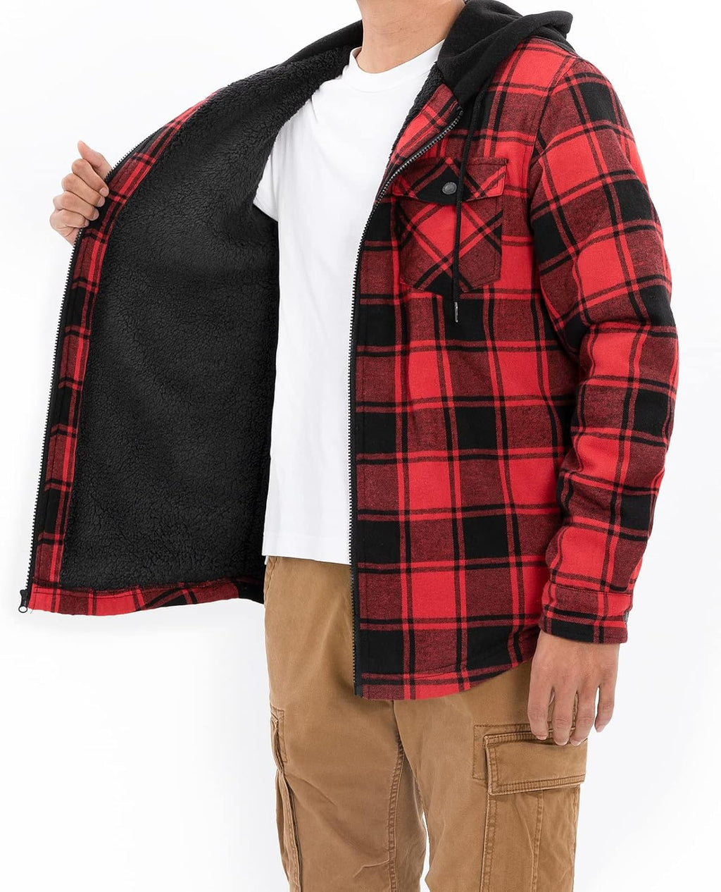 Men's Sherpa Lined Full Zip Hooded Plaid Shirt Jacket
