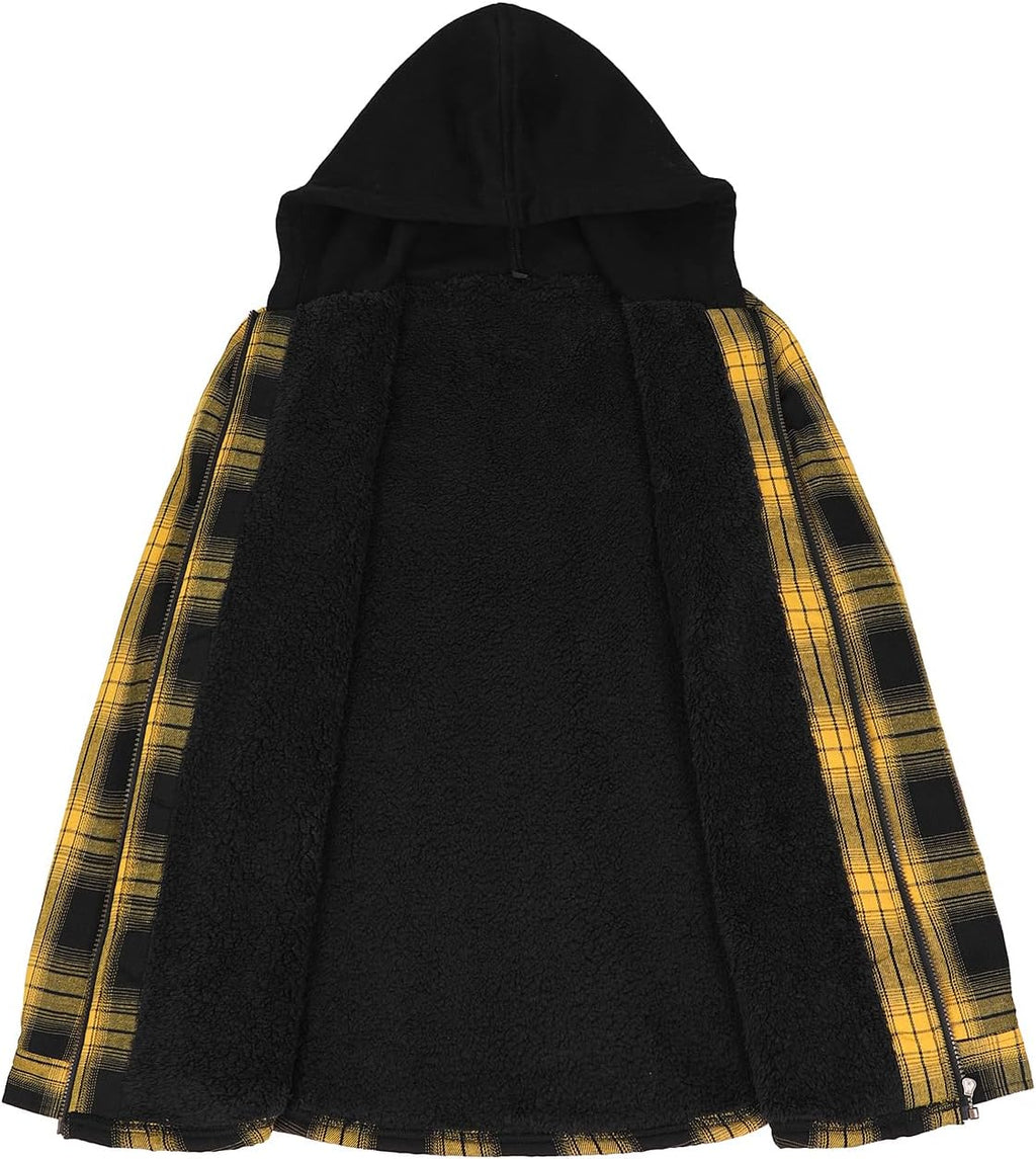 Men's Sherpa Lined Full Zip Hooded Plaid Shirt Jacket