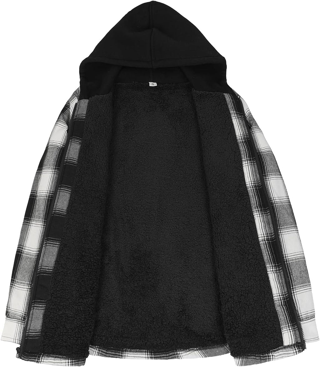 Men's Sherpa Lined Full Zip Hooded Plaid Shirt Jacket