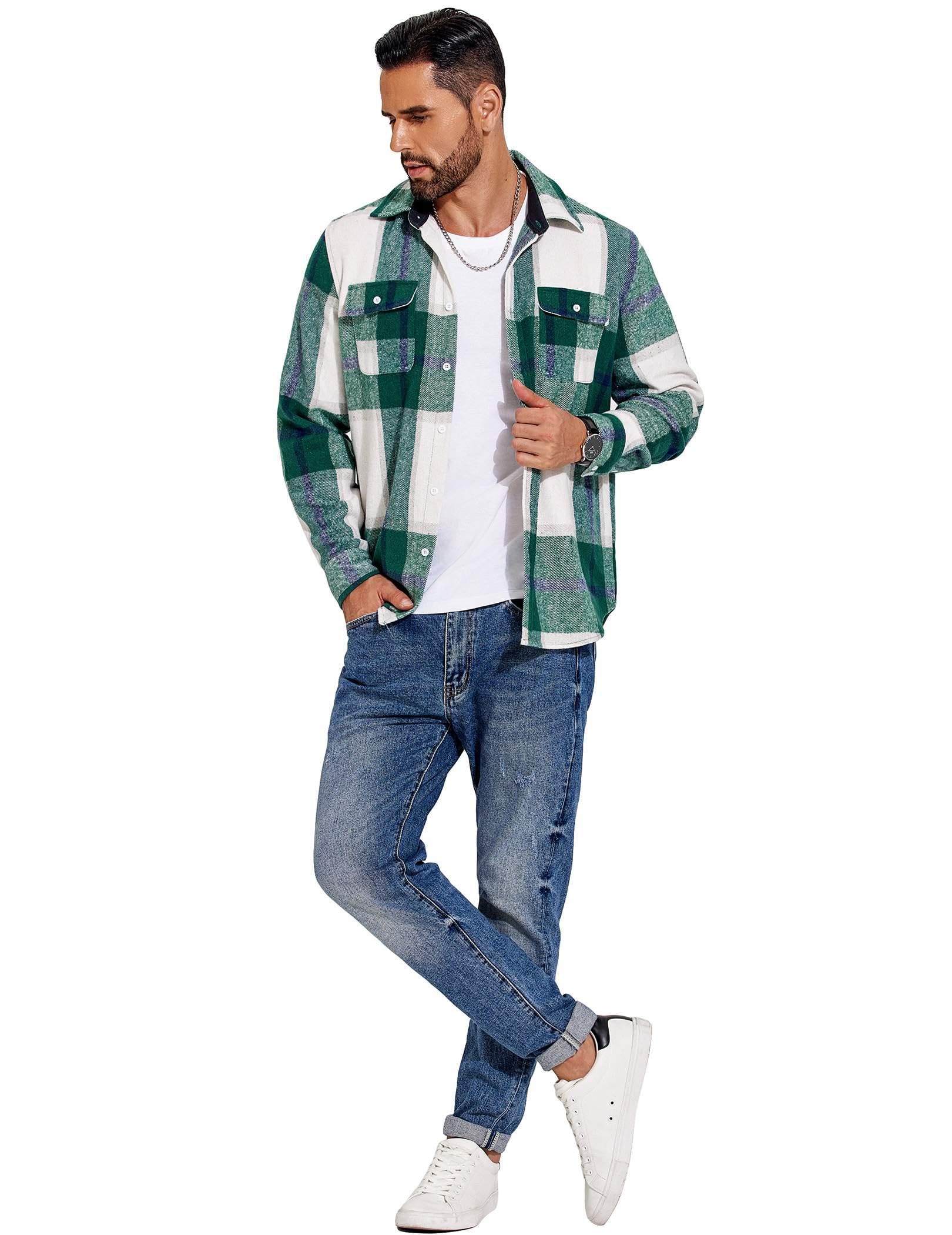 Mens Long Sleeve Cotton Flannel Shirt Plaid Casual Button Down Top