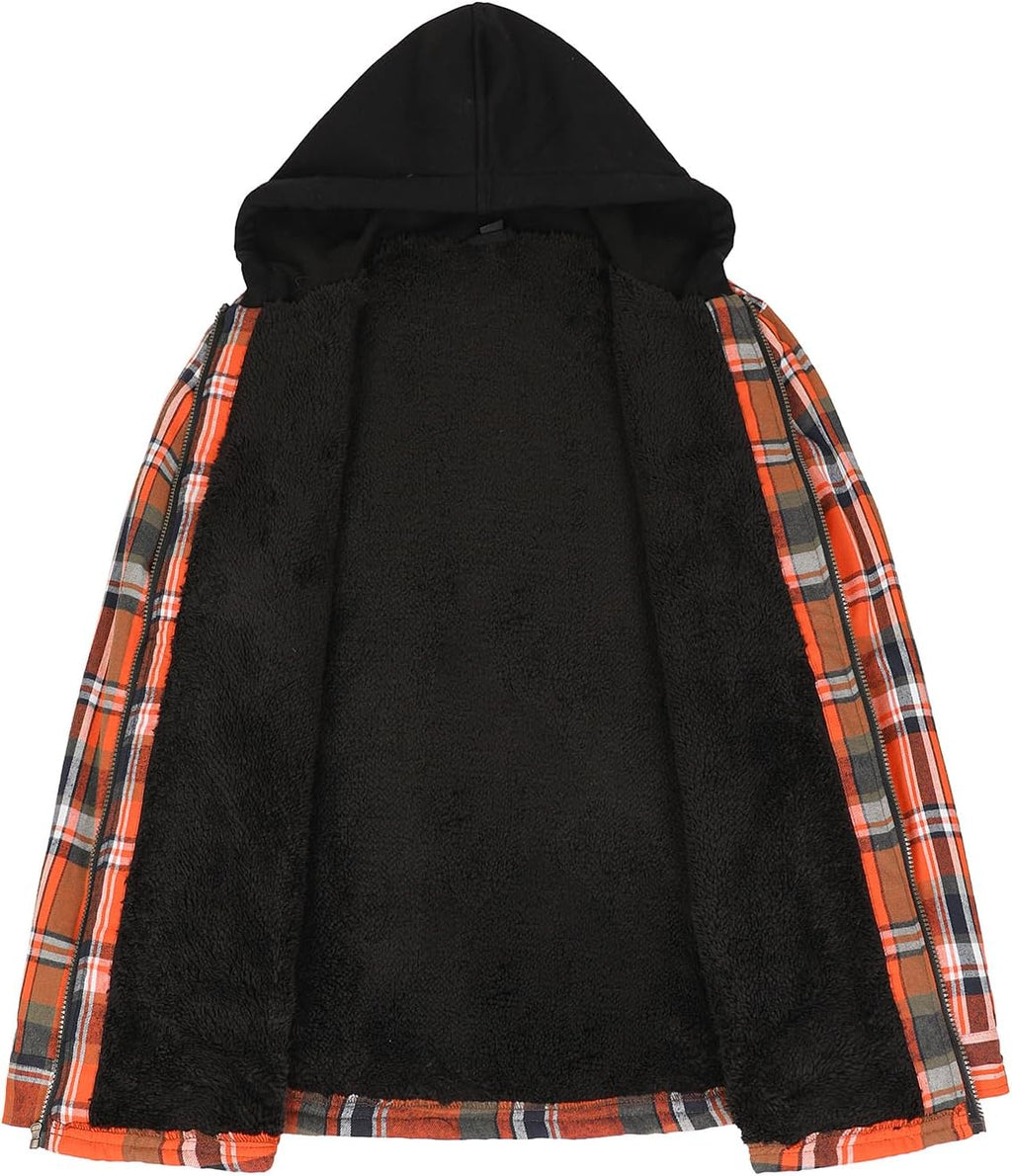 Men's Sherpa Lined Full Zip Hooded Plaid Shirt Jacket