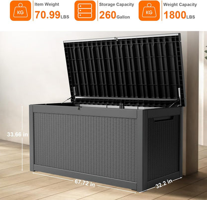 100 Gallon Resin Deck Box Lockable Waterproof Outdoor Storage Black