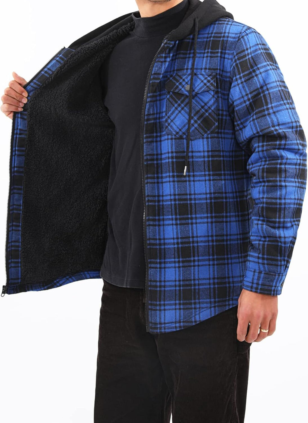 Men's Sherpa Lined Full Zip Hooded Plaid Shirt Jacket