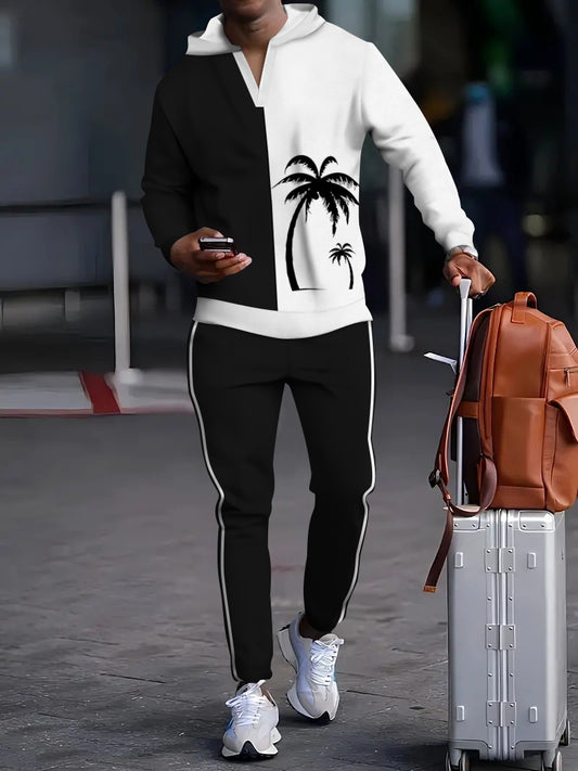 Men's Coconut Tree Printed Long Sleeve V-neck Collar Hoodie Set