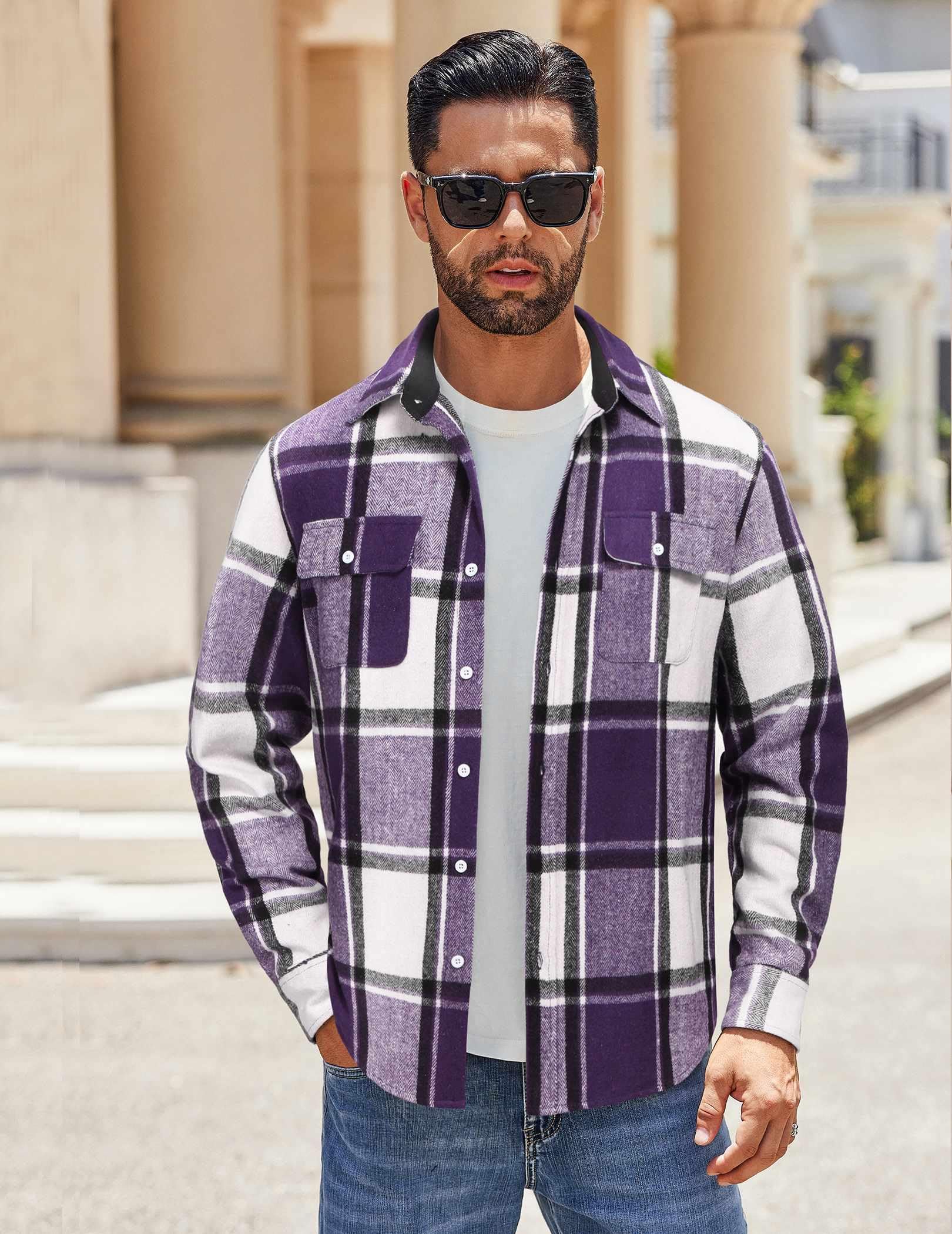 Mens Flannel Shirt Long Sleeve Cotton Plaid Casual Button Down With Pockets
