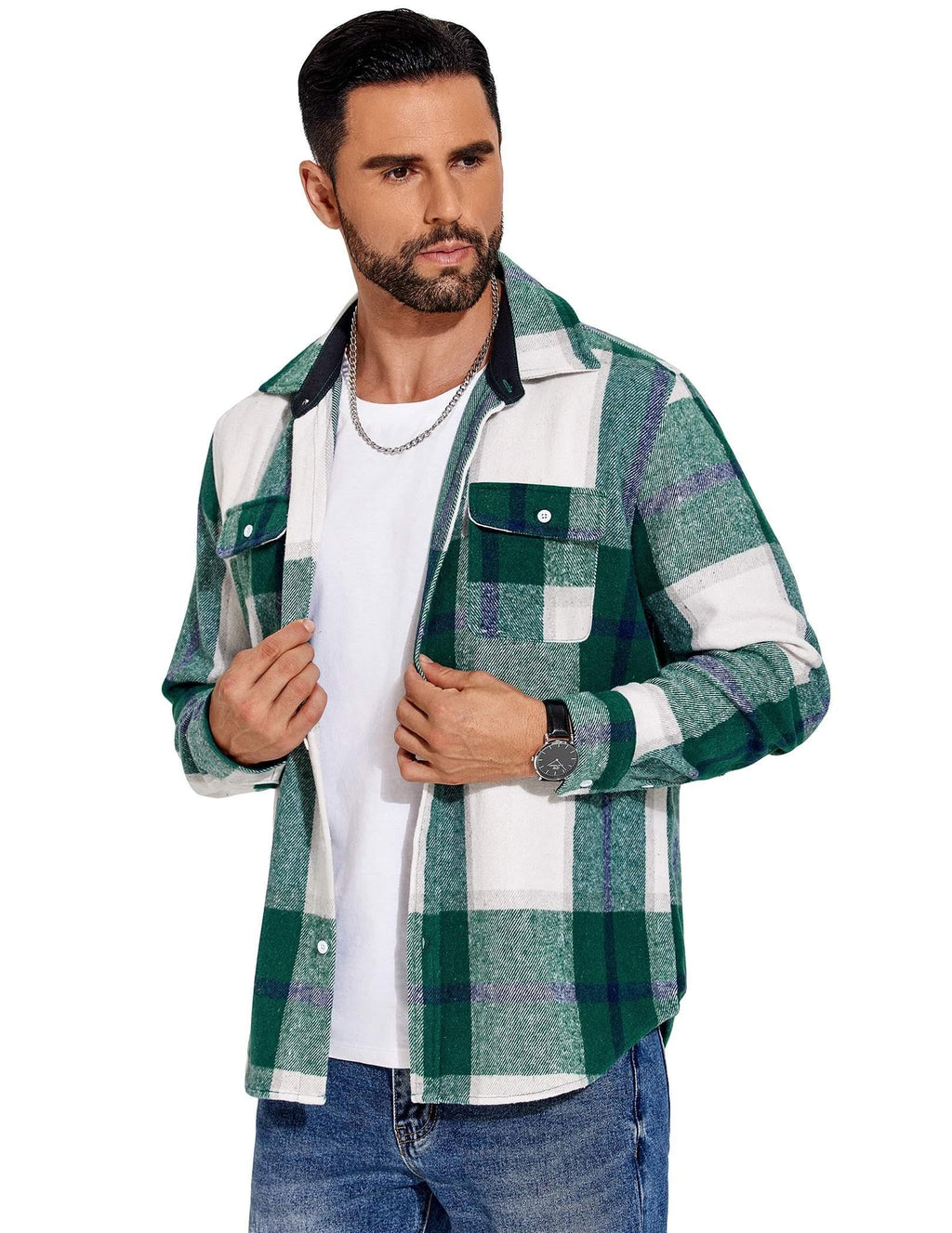 Mens Long Sleeve Cotton Flannel Shirt Plaid Casual Button Down Top