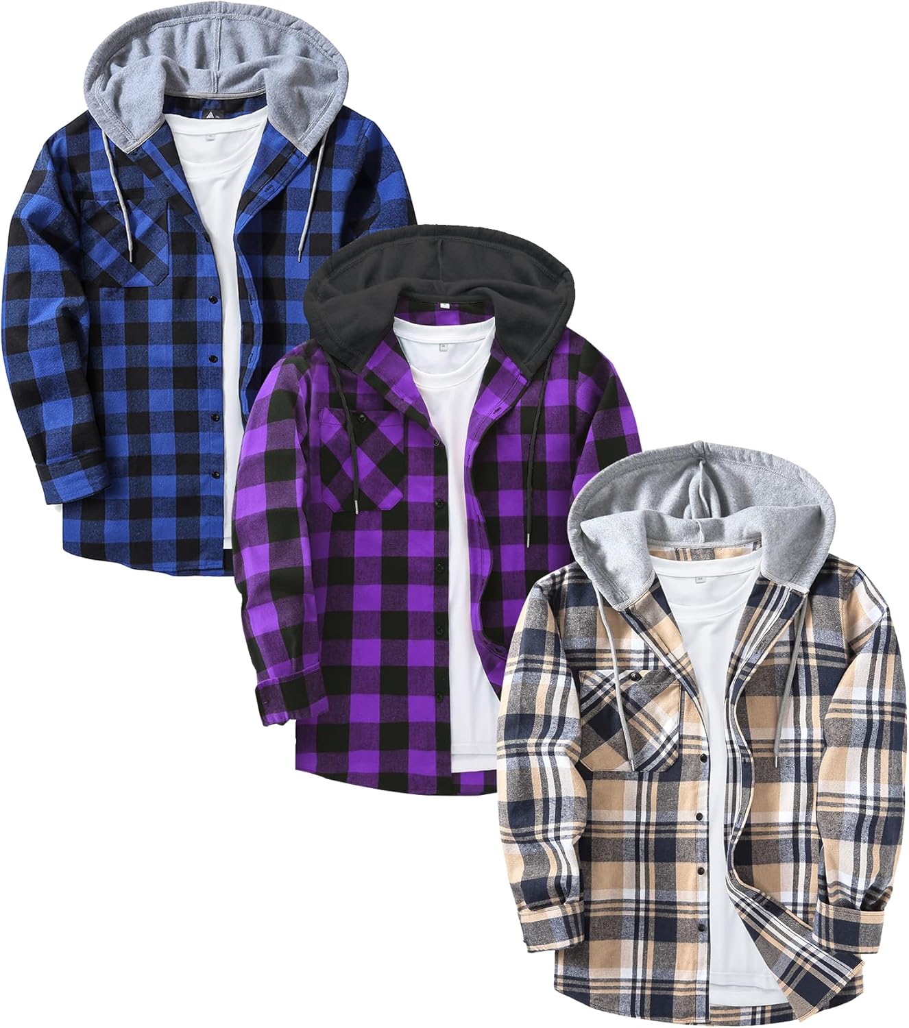 3 Pack Men's Flannel Hoodie Shirts Long Sleeve