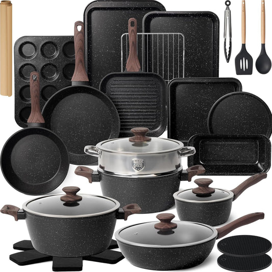 31 Piece Non Stick Pots and Pans Cookware Set with Grill Pan Saucepan and Utensils