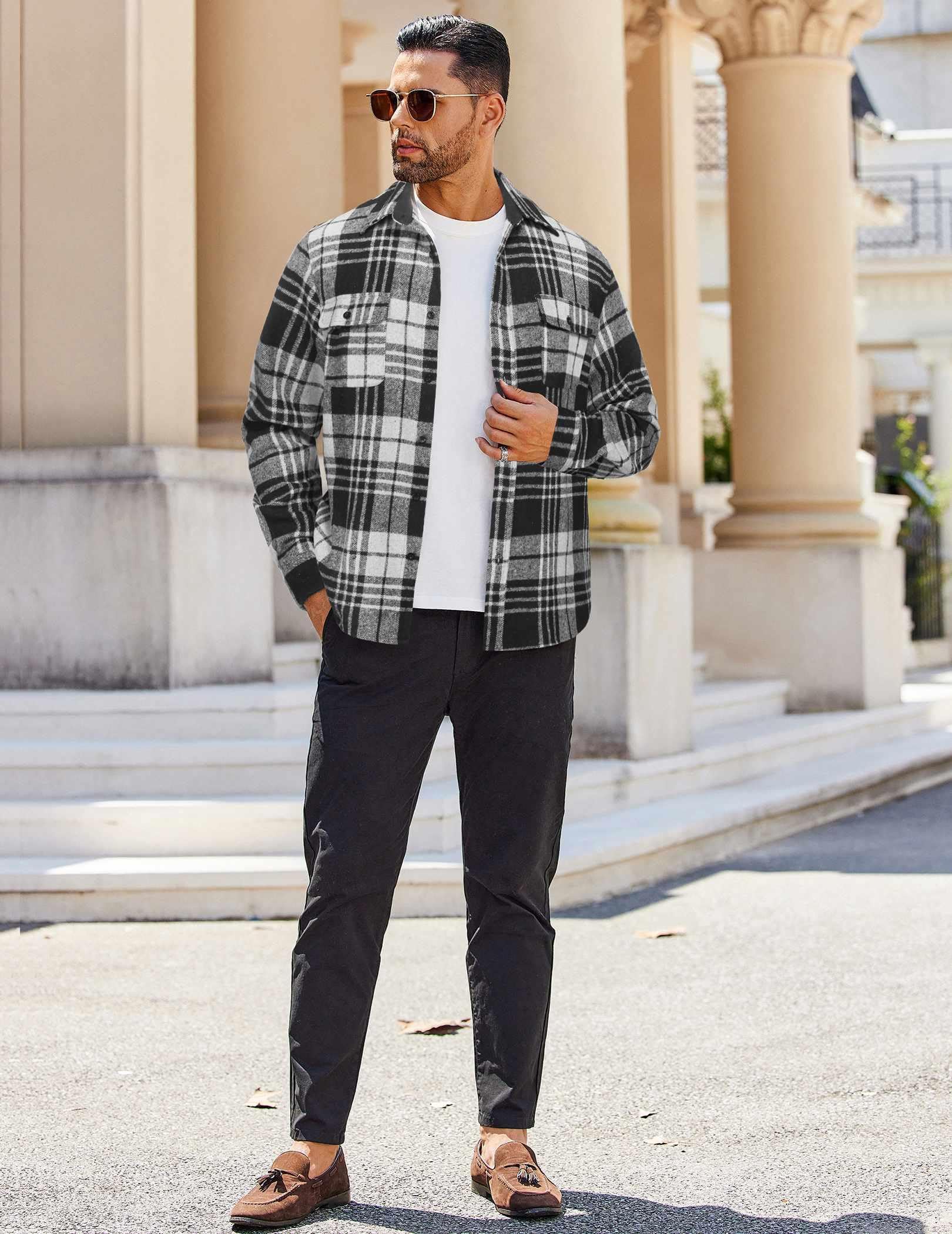 Mens Long Sleeve Flannel Shirt Cotton Plaid Casual Button Down Shirt With Pockets