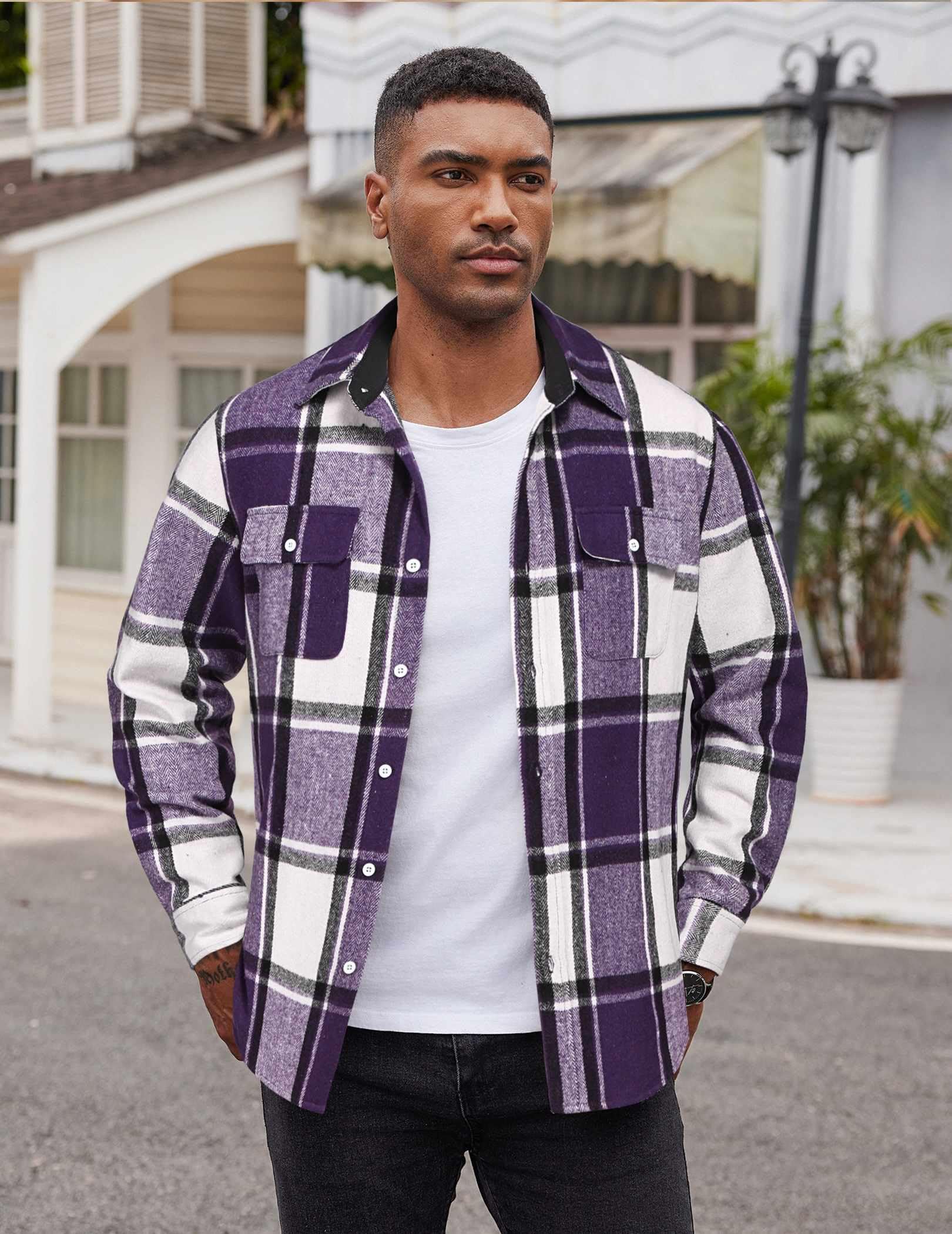 Mens Flannel Shirt Long Sleeve Cotton Plaid Casual Button Down With Pockets