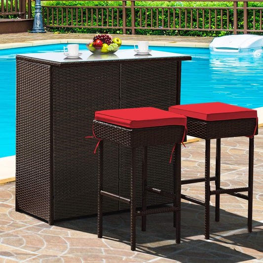 3 Piece Outdoor Rattan Bar Set with Glass Table Stools and Removable Cushions