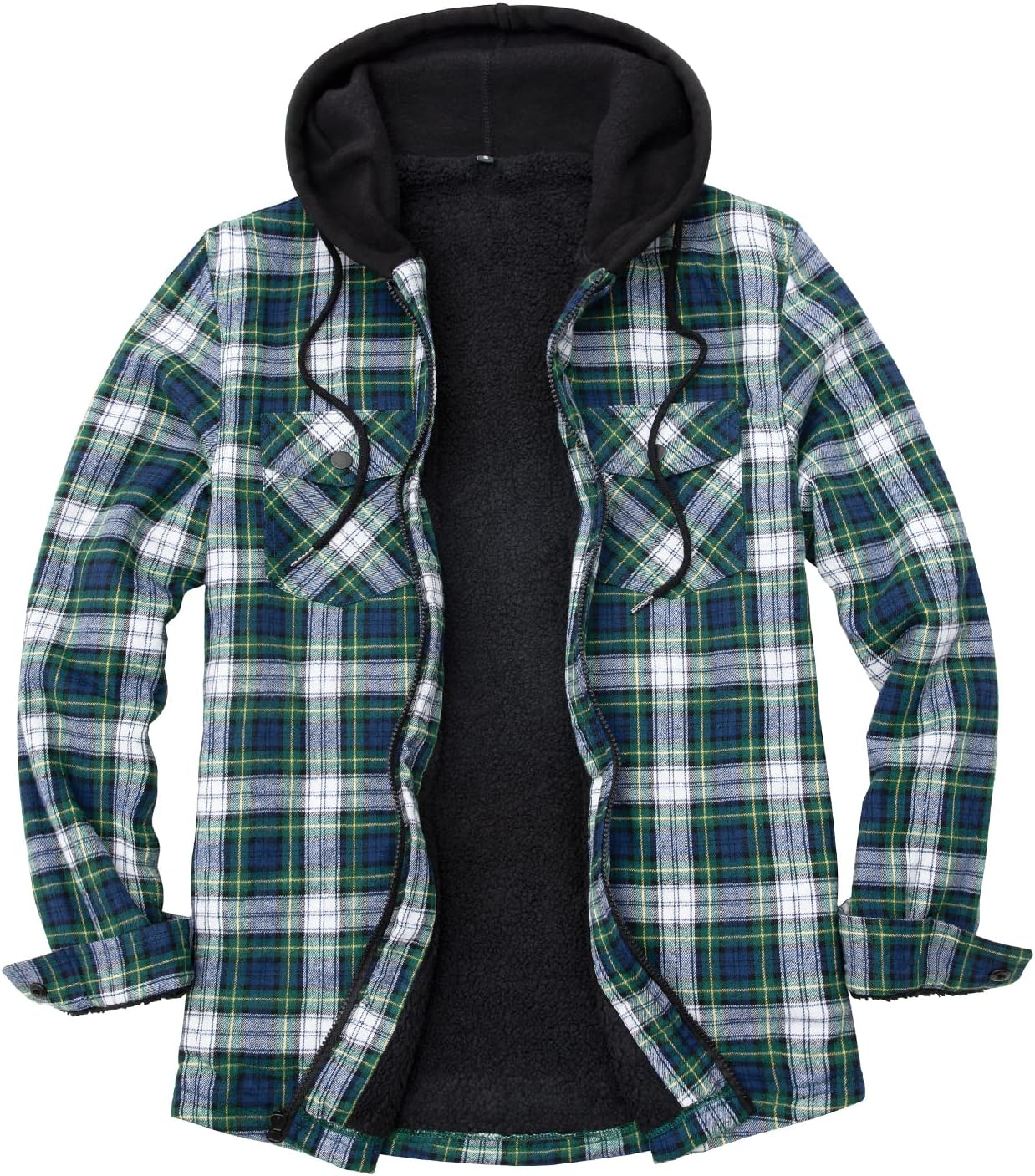 Men's Sherpa Lined Full Zip Hooded Plaid Shirt Jacket