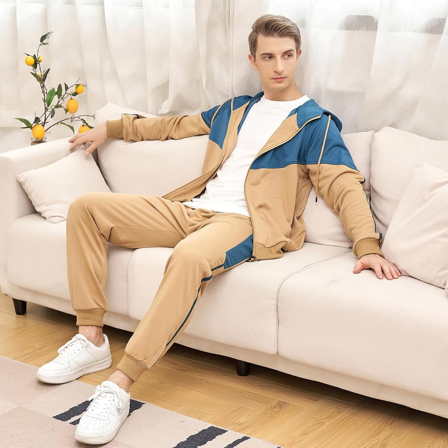 Full-Zip Jogging Sweatpants 2 Piece Patchwork Sportsuits
