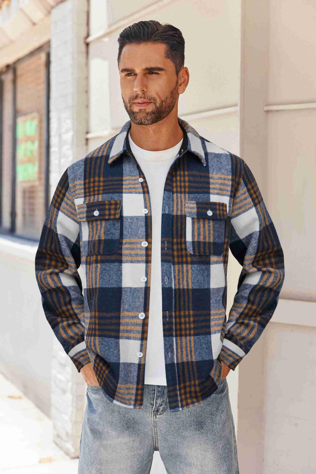 Mens Cotton Flannel Shirt Long Sleeve Plaid Button Down Casual Shirt Jacket