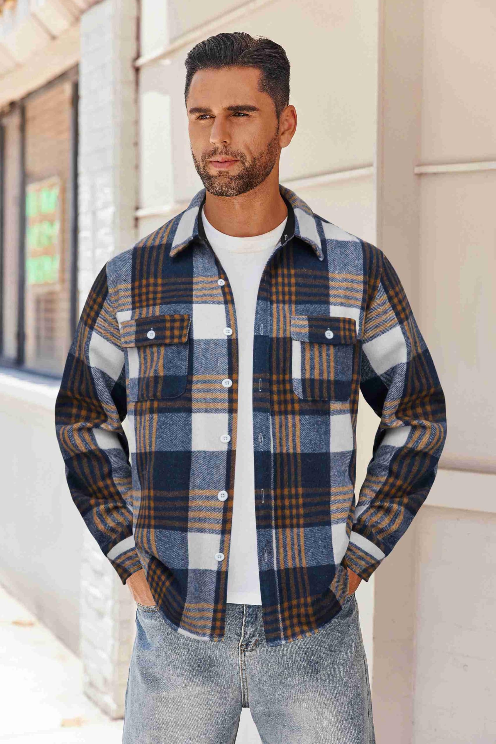 Mens Cotton Flannel Shirt Long Sleeve Plaid Button Down Casual Shirt Jacket