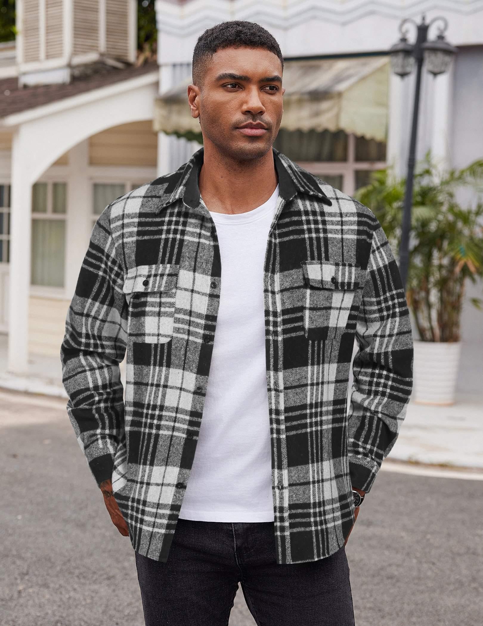 Mens Long Sleeve Flannel Shirt Cotton Plaid Casual Button Down Shirt With Pockets