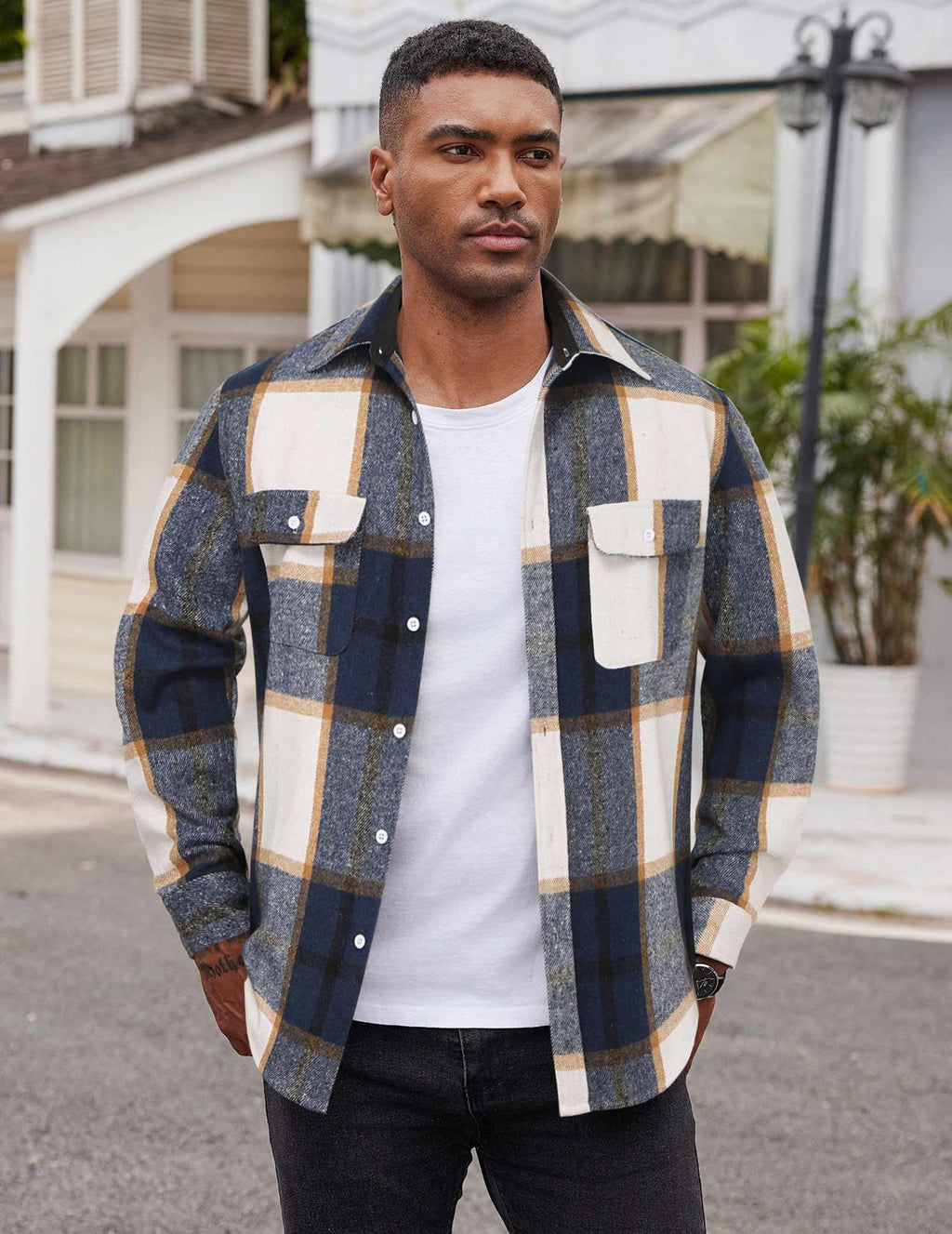 Mens Casual Flannel Shirt Cotton Plaid Long Sleeve Button Down Shirt