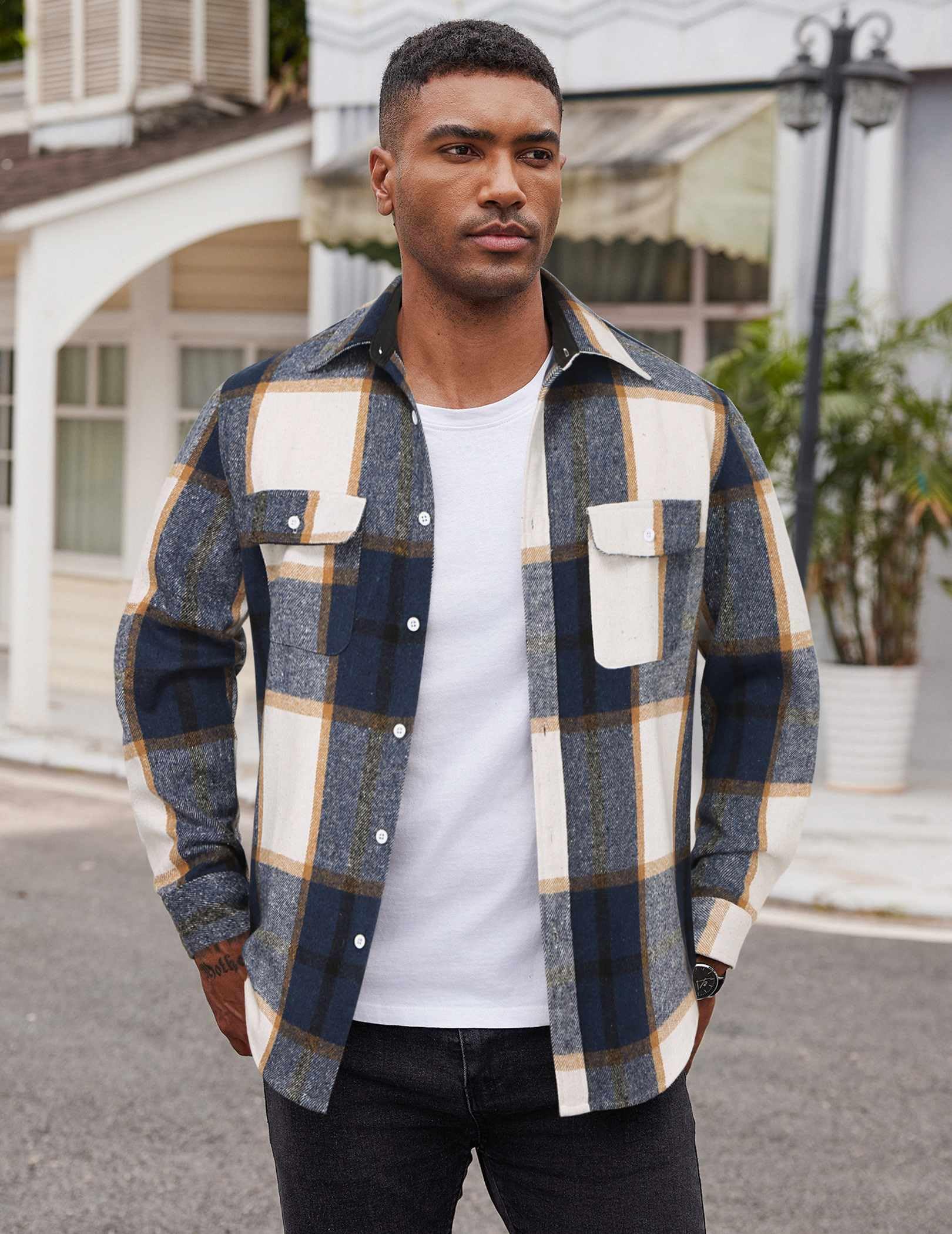 Mens Casual Flannel Shirt Cotton Plaid Long Sleeve Button Down Shirt