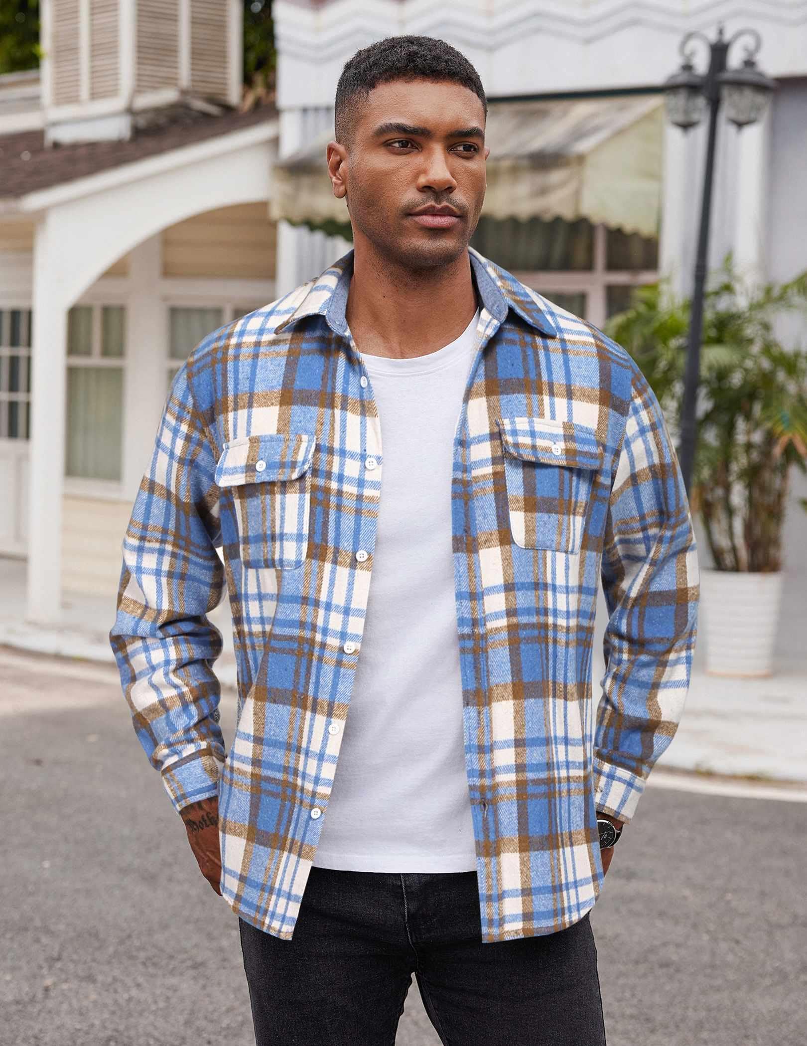 Mens Casual Plaid Flannel Shirt Cotton Long Sleeve Button Down Shirt With Pockets