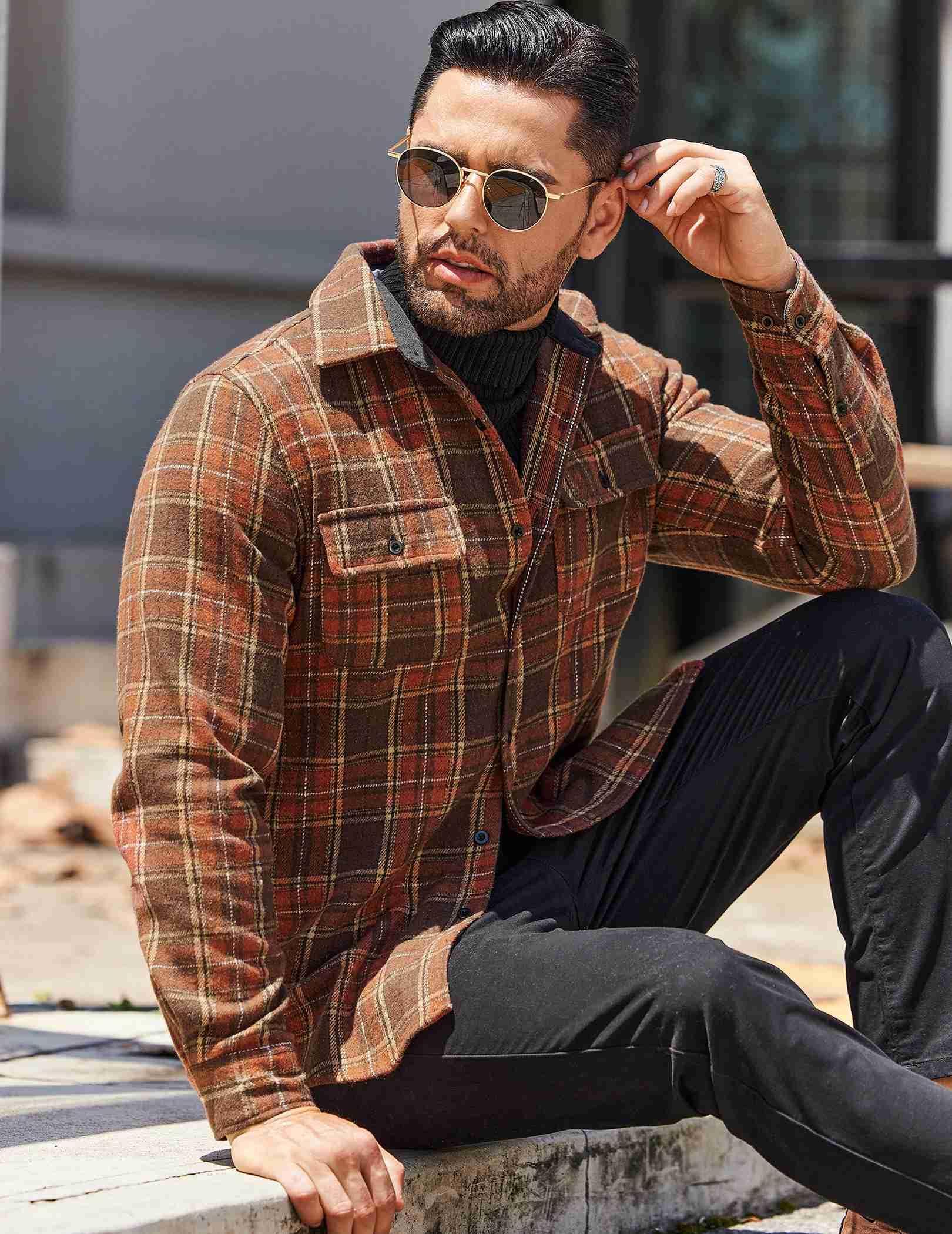 Mens Long Sleeve Flannel Shirt Cotton Plaid Casual Button Down Top