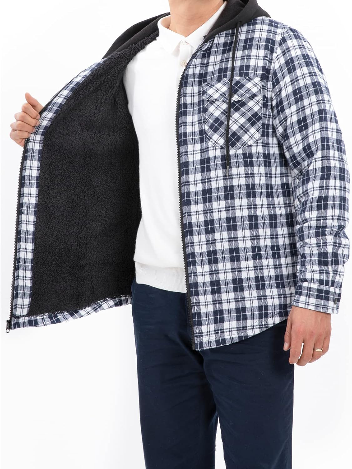 Men's Sherpa Lined Full Zip Hooded Plaid Shirt Jacket